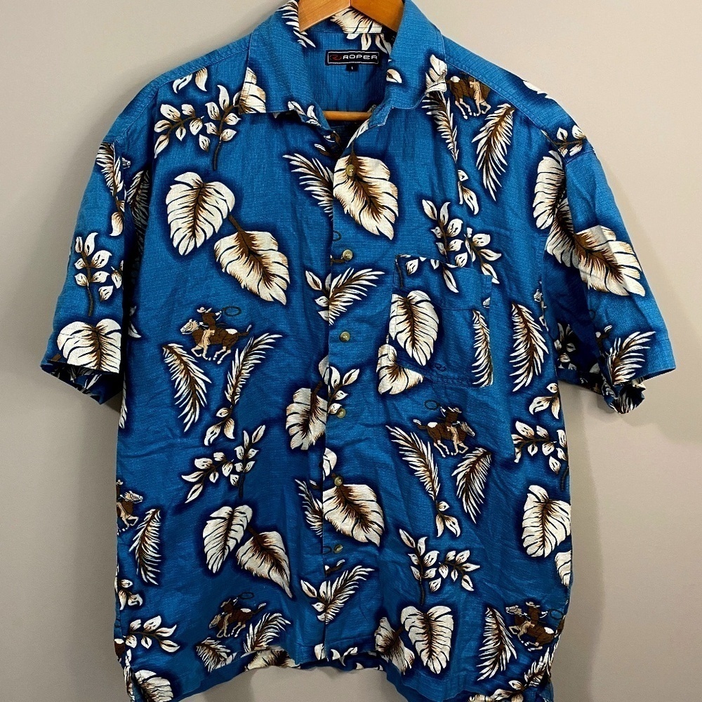 Roper Men's Teal Western‎ Cowboy Print Short Sleeve Button Up Shirt Large
